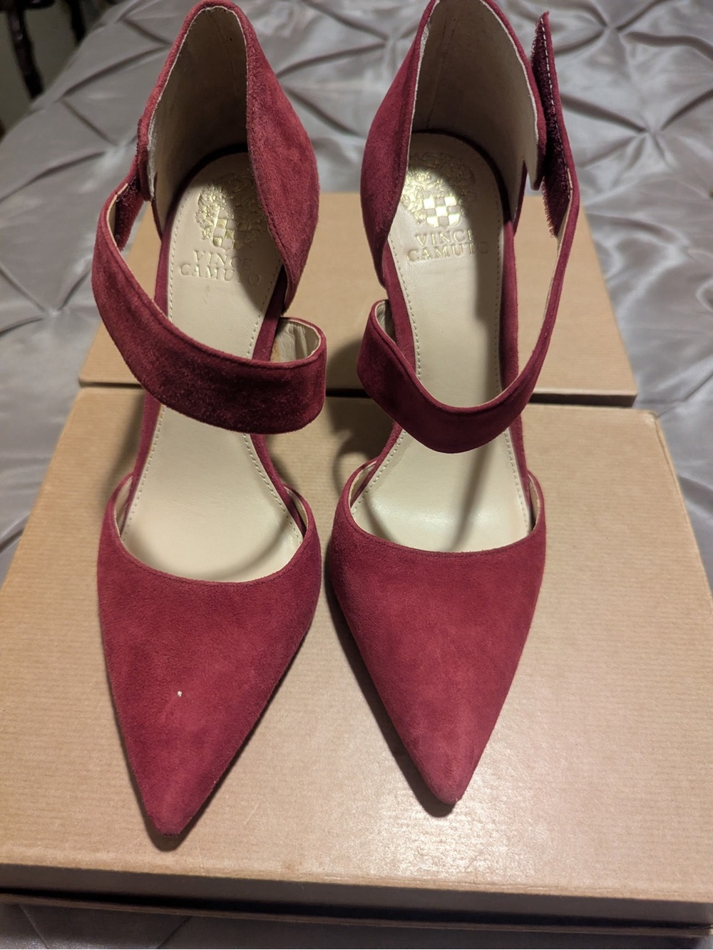 Vince Camuto Burgundy Suede Pointed-Toe Ankle Strap Heels